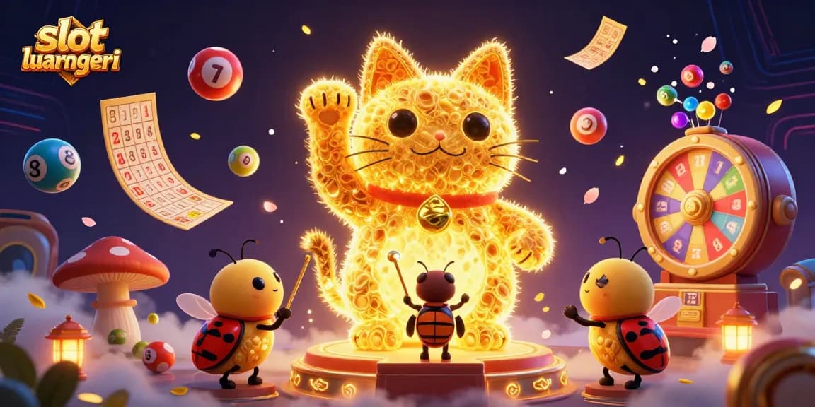 Experience the thrill of slot luar negeri with our vibrant 3D casino illustration featuring a lucky cat and dynamic elements.