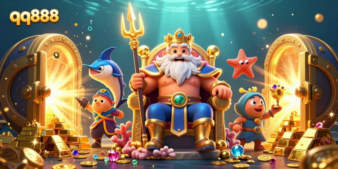 Spin to win with qq888 in a vibrant underwater casino treasure scene