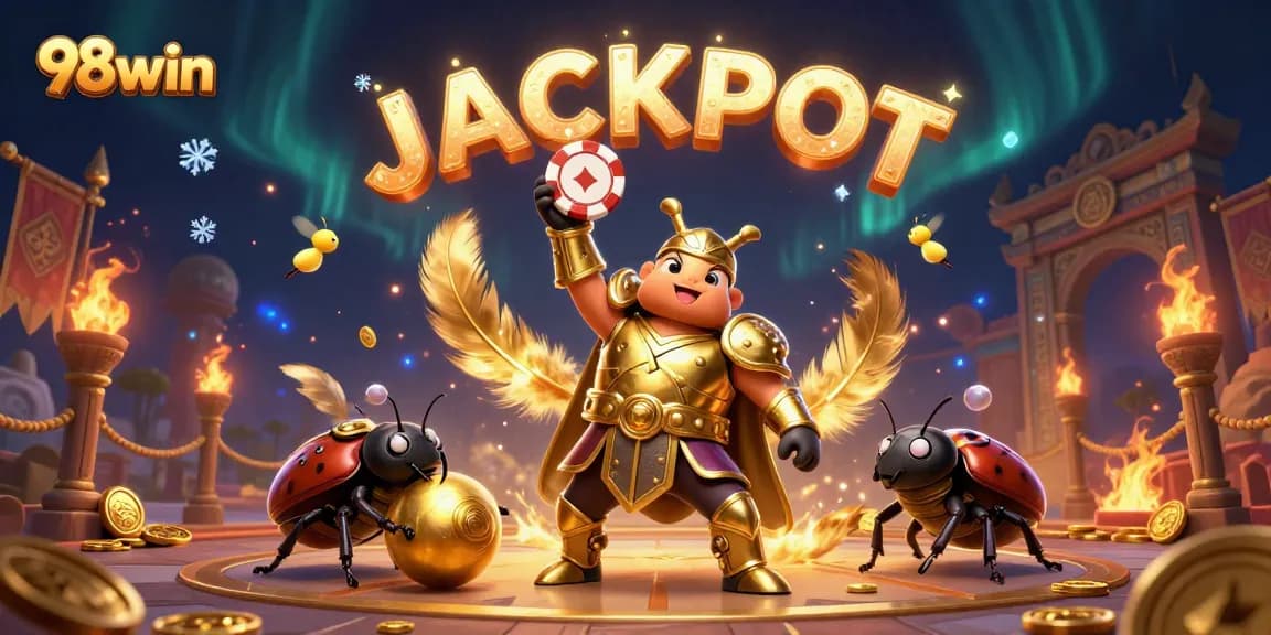 Win big at 98win with a victorious beetle illustration celebrating jackpot gaming.