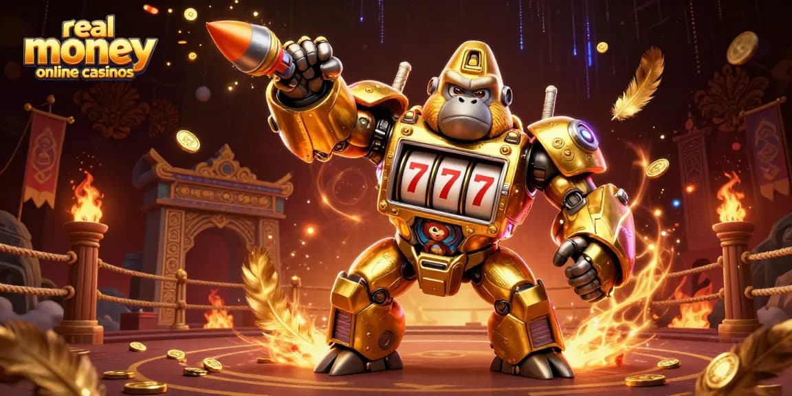 Experience thrilling action with real money online casinos featuring a golden gorilla mech in a vibrant arena.