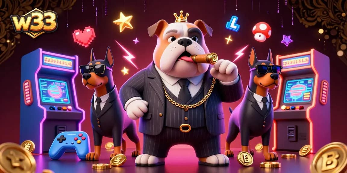 Spin the reels at w33 Casino with a mafia-themed illustration full of games and excitement.