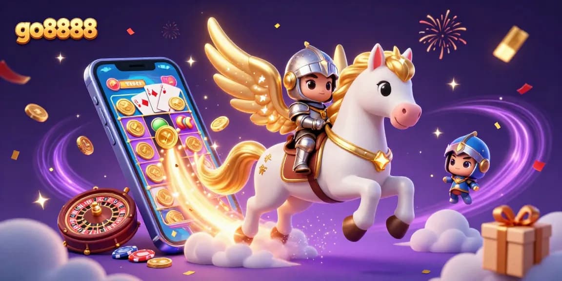 Spin the reels at go8888 with a celestial horse and knight amidst dazzling casino elements!