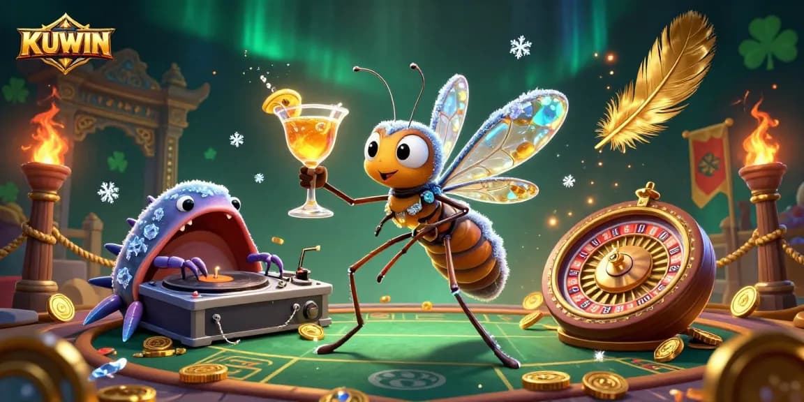 Bet big on KUWIN with a vibrant casino scene featuring a frozen mosquito mascot, trilobite DJ, and golden roulette wheel.