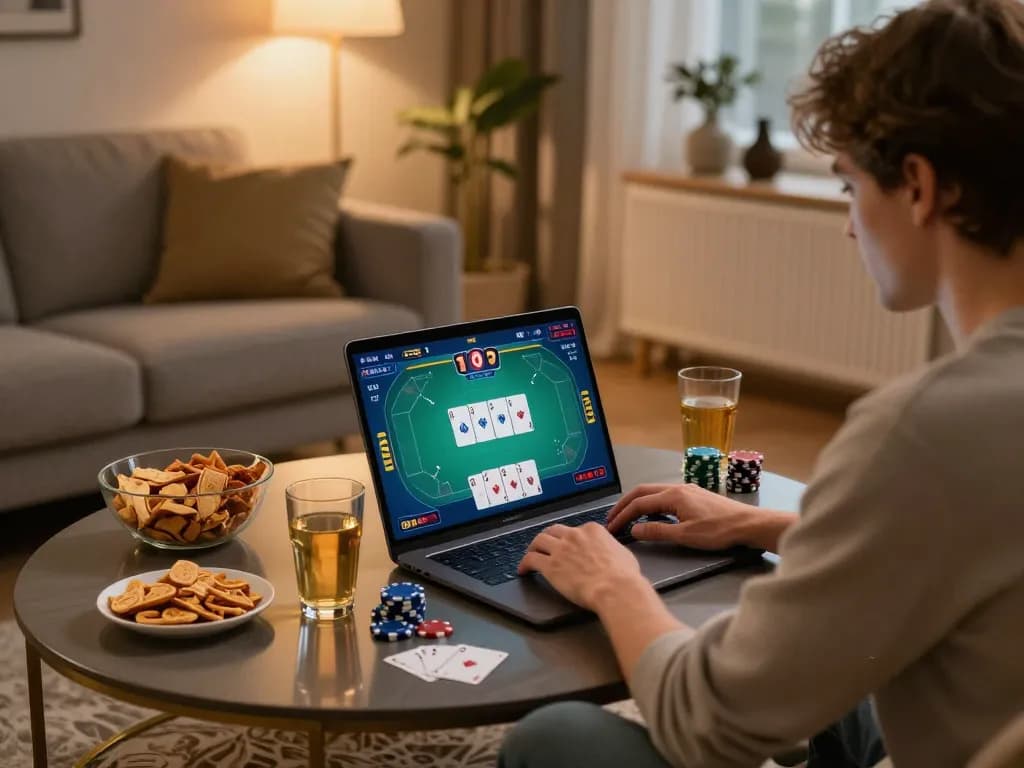 Sun win player enjoying online poker at home with game interface visible, showcasing strategic gameplay