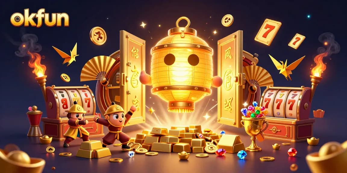 Experience the vibrant excitement of okfun with dynamic slot reels and glowing treasures in a magical casino scene.