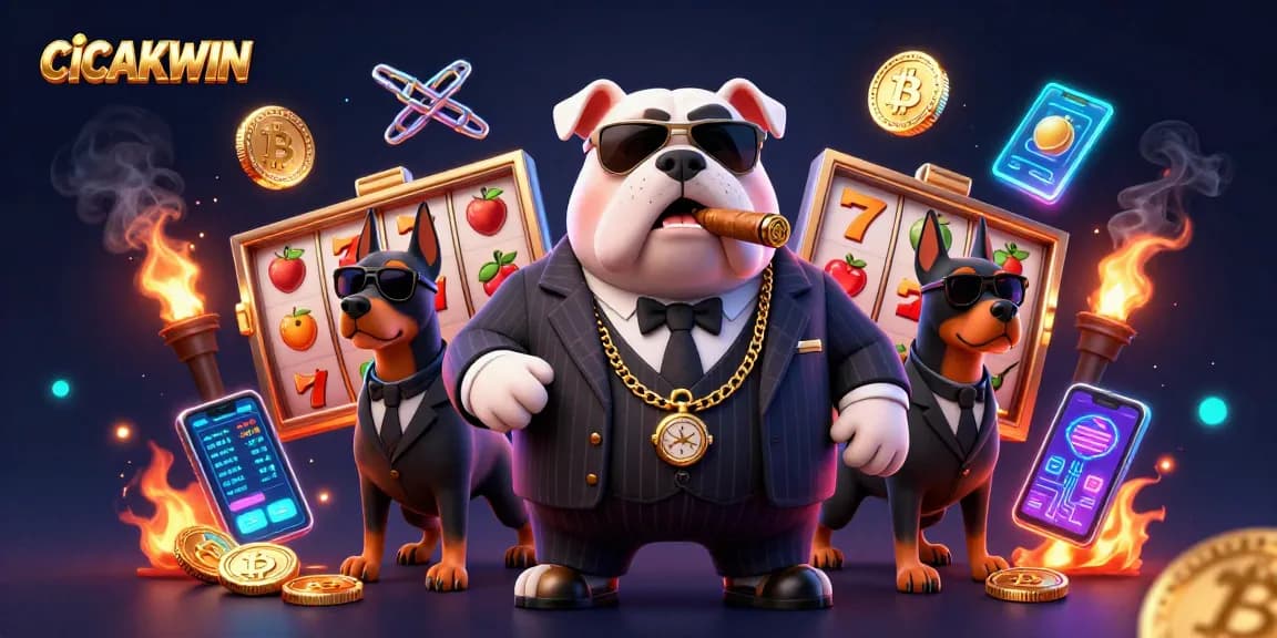 CICAKWIN showcases an exhilarating casino scene with a mafia bulldog and bodyguard Dobermans amidst slot reels.