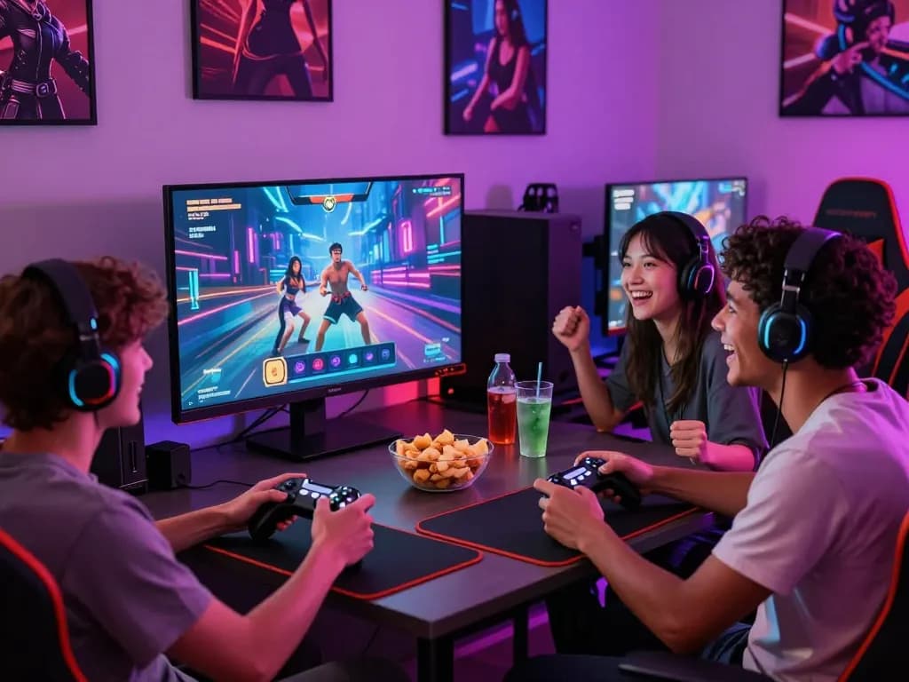 Engaging multiplayer porn game session showcasing game sex dynamics in a vibrant gaming room.