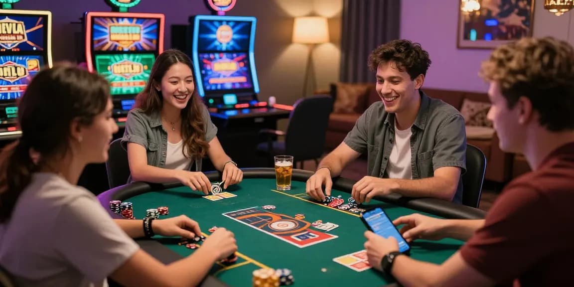 Ein unterhaltsamer Spieleabend in einem Paysafe Card Casino mit Freunden, die an virtuellen Tischen engagiert sind.