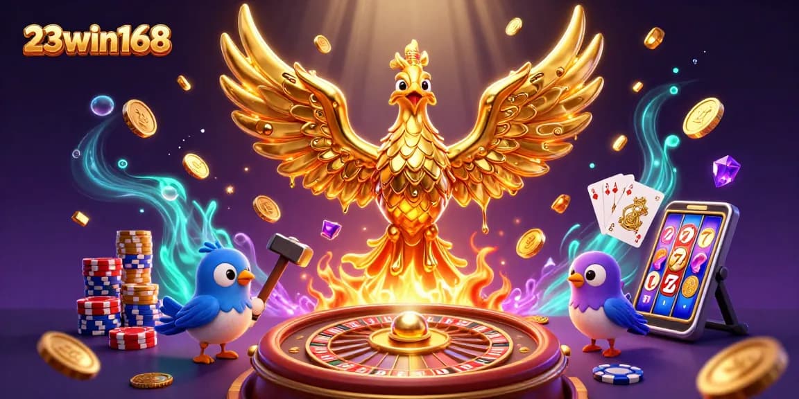Watch the golden phoenix emerge with coins in the vibrant 23win168 casino scene filled with excitement.
