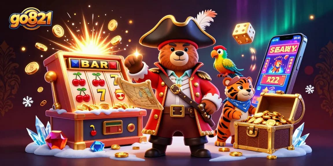 Experience thrilling wins at go821 with a vibrant scene of a pirate captain bear and tiger first mate celebrating casino games.