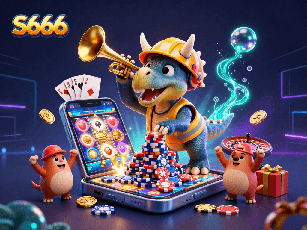 S666 offers thrilling gameplay experiences featuring vibrant slots and poker elements amidst an animated scene.
