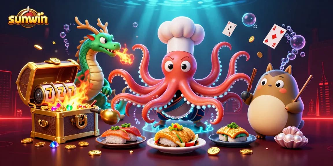 Experience the thrill of sunwin through this engaging 3D casino scene packed with vibrant characters and game elements.