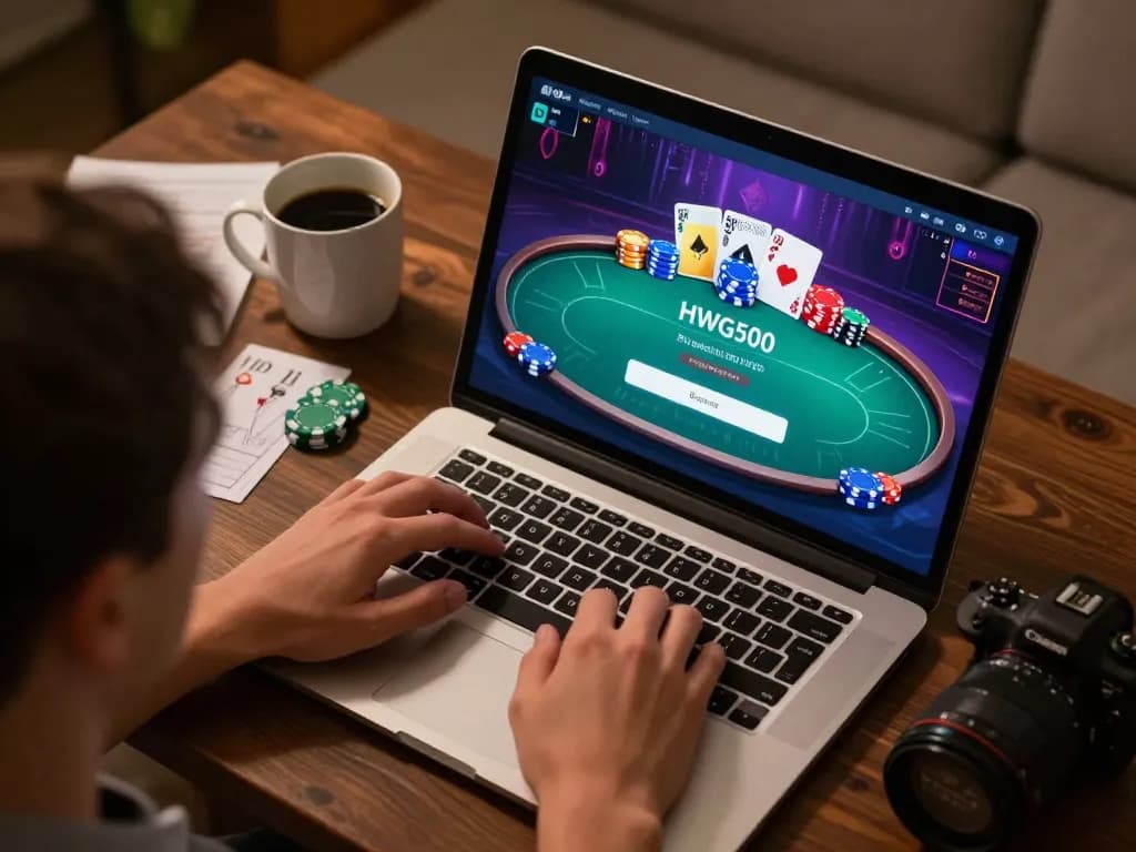 Logging into HWG500 for an exciting online poker game on a laptop.