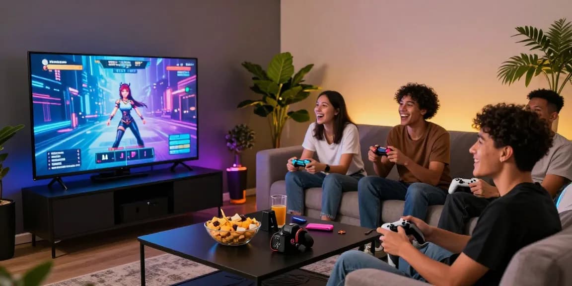Players enjoying real hentai games in an immersive gaming setup, vibrant atmosphere with diverse group interaction.
