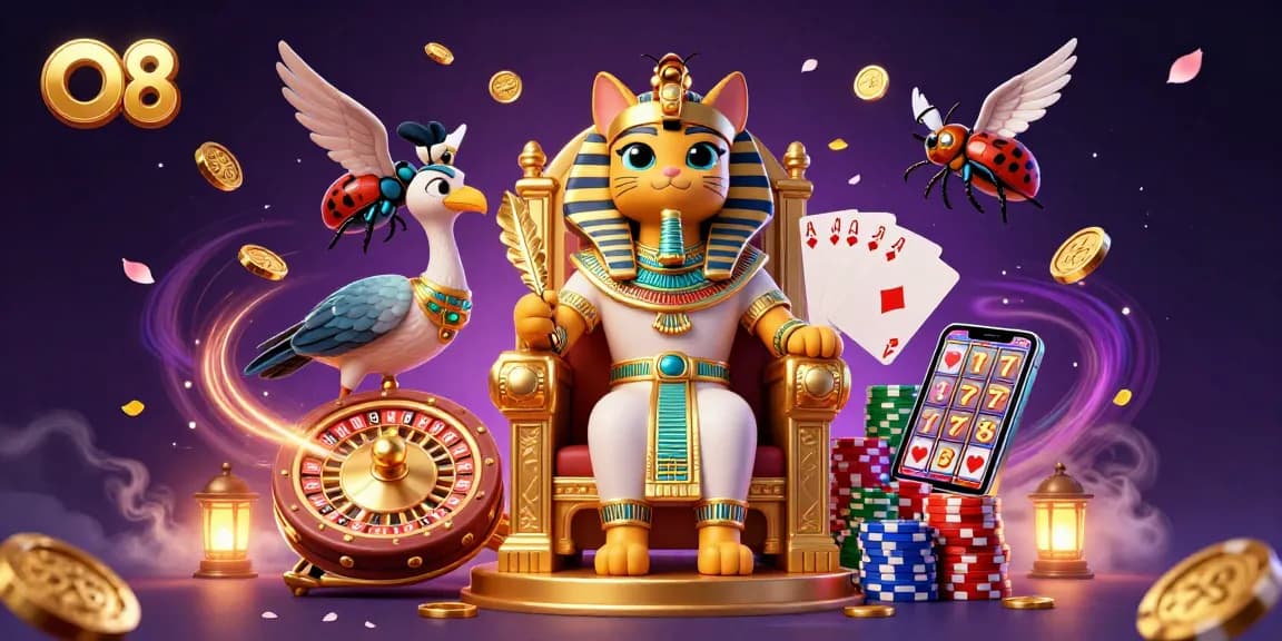 O8 pharaoh cat wins big surrounded by cascading coins, cards, and roulette in a vivid casino scene.