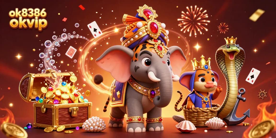 Experience the excitement of ok8386 okvip with vibrant 3D casino elements, featuring a majestic maharaja tiger and jewels.