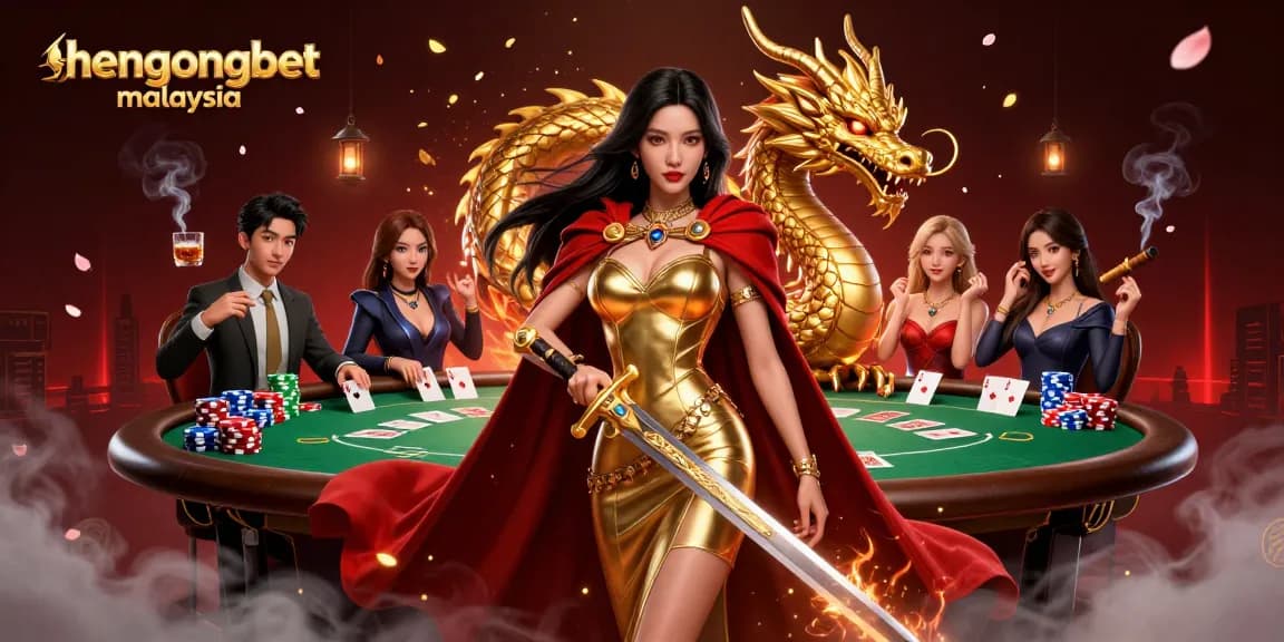 Experience thrilling gameplay at hengongbet malaysia with a stunning warrior queen surrounded by poker elements.