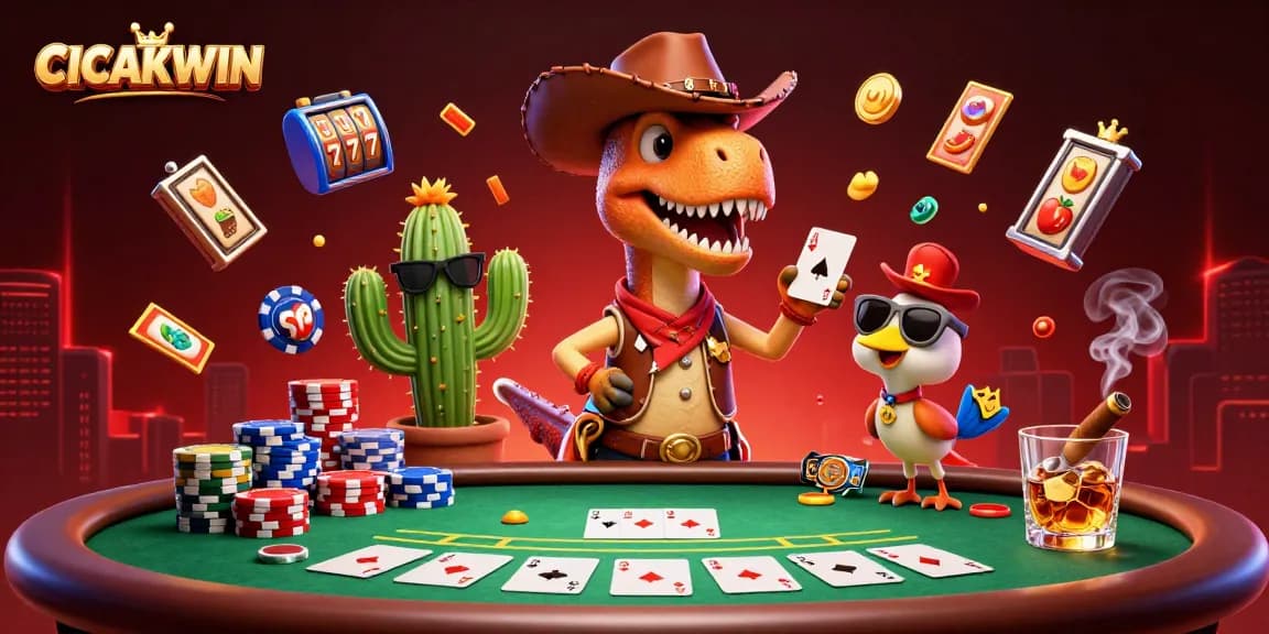 CICAKWIN gameplay immersed in an energetic scene with a T-Rex and slot game elements; a promotional illustration of fun!