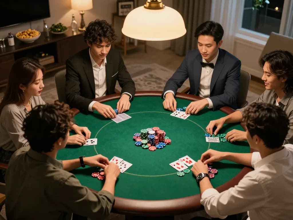 lc888 players enjoying a friendly poker game with chips and cards on a green felt table