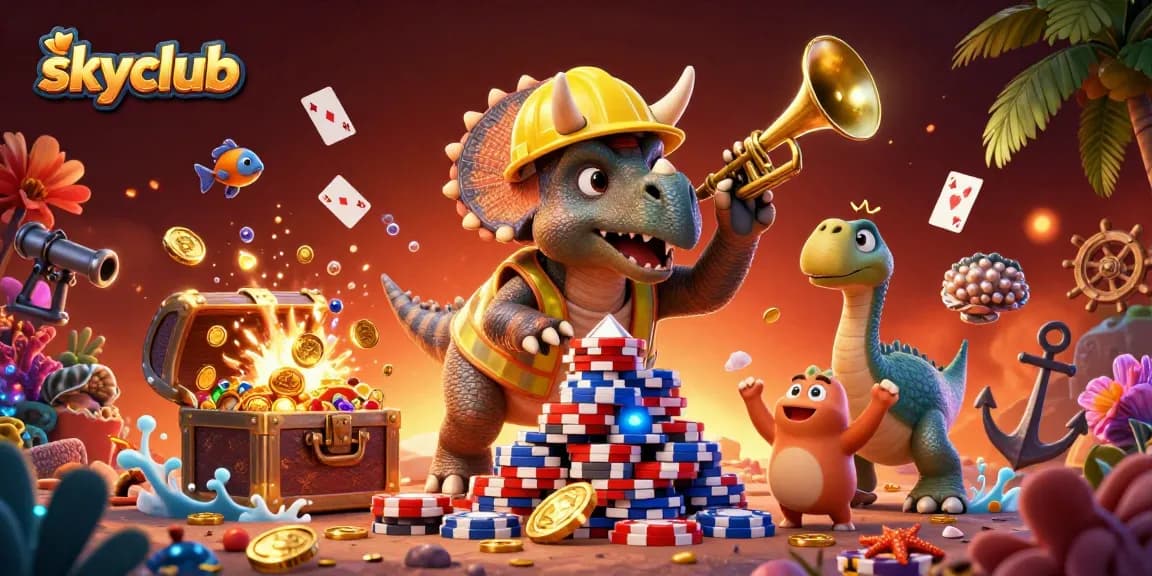 Engage in exciting gameplay at skyclub with vibrant 3D cartoon action, poker chips and underwater treasures.
