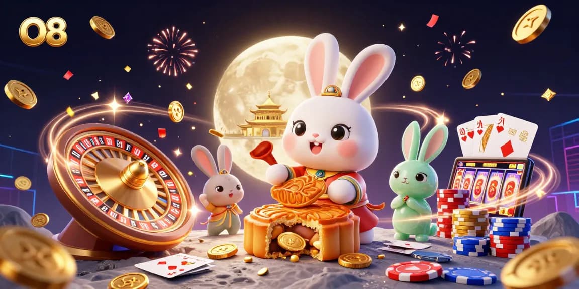 Win big at O8 casino with the moon rabbit and poker chips in a vibrant 3D scene.