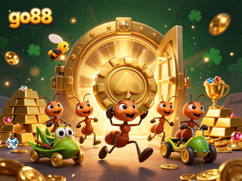 Team of ants in a heist carrying a giant go88 poker chip surrounded by treasure vault elements.