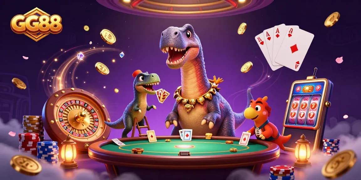 Win big at GG88 with exciting gameplay featuring a brontosaurus dealing cards at a vibrant casino scene.