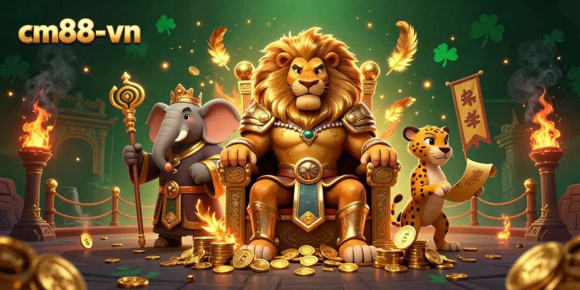 Experience the vibrant realm of cm88-vn with a fierce lion king amidst golden coins, embodying thrilling online gaming