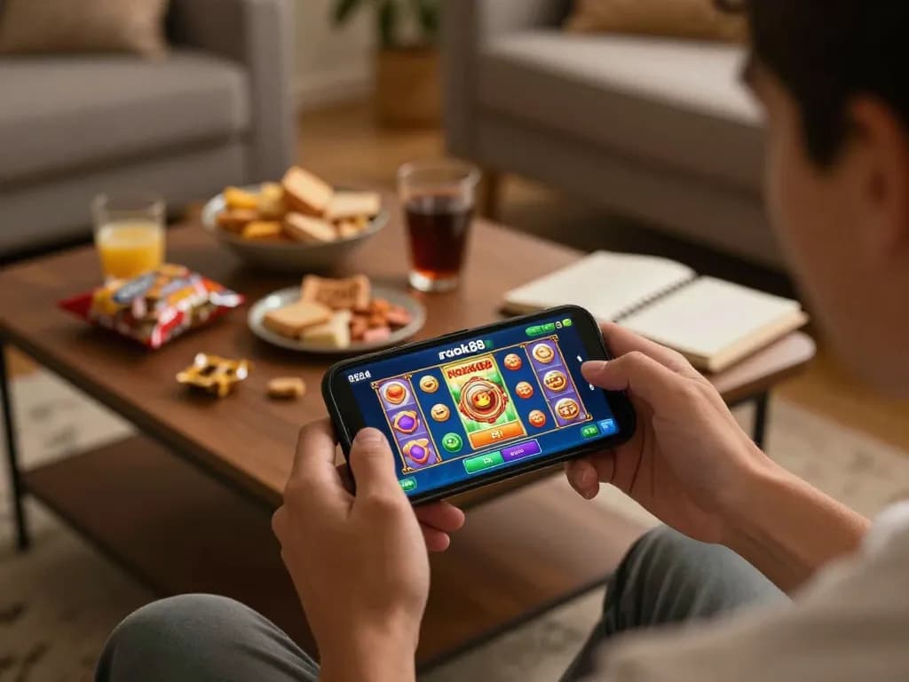 Permainan mobile yang menarik pada login slot rokok88 di pengaturan rumah yang nyaman, dilengkapi dengan camilan dan minuman.