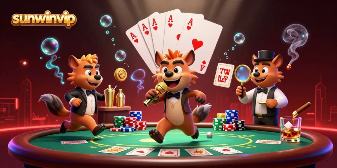 Experience the vibrant world of sunwinvip as hyenas engage in lively casino activities with various gaming elements.