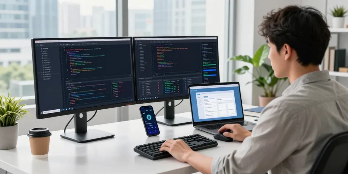 快连 user-friendly interface on a developer's desk with coding displays, creating a vibrant and productive tech workspace.