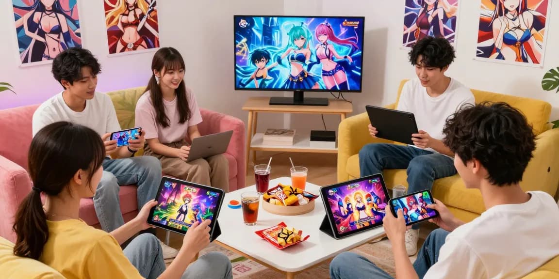 Friends enjoying free hentai games in a lively living room setting, showcasing diverse characters and devices.