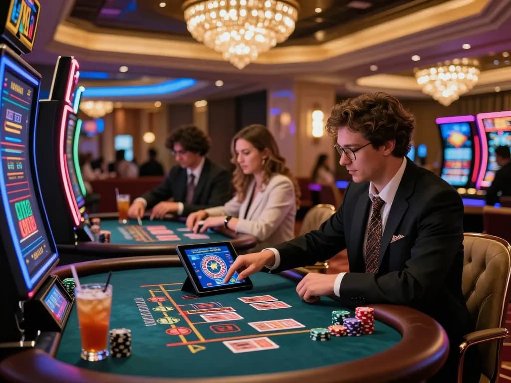 Engaging MM88 online casino player enjoying a digital roulette game in a vibrant, luxurious setting.
