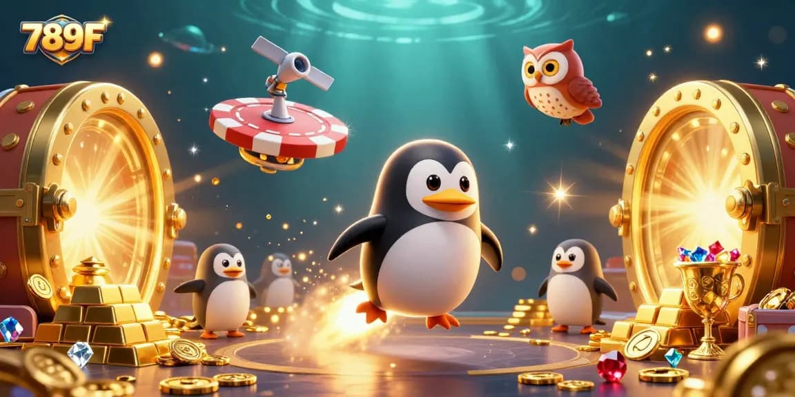 Experience the excitement of 789F as a golden penguin zooms toward a casino in a dazzling space scene.