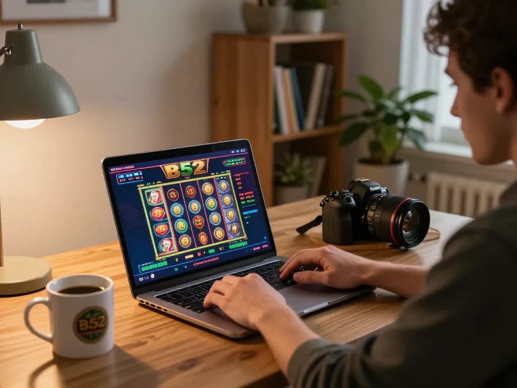 B52 player excitedly engages with online slot games during a cozy home gaming session.