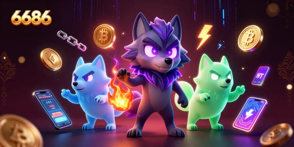 Engage in the thrilling universe of 6686's online gaming with a spectral wolf pack illustration highlighting vibrant crypto elements.