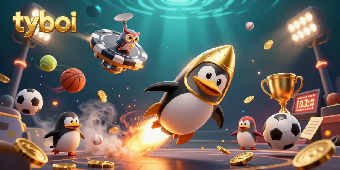 Experience the thrill of tyboi with our golden penguin racing through a cosmic casino spectacle.