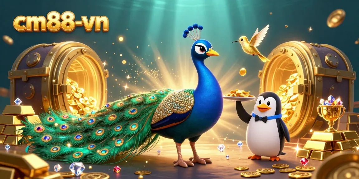 Play and win at cm88-vn with glamorous casino characters in a vibrant 3D scene overflowing with golden treasures.