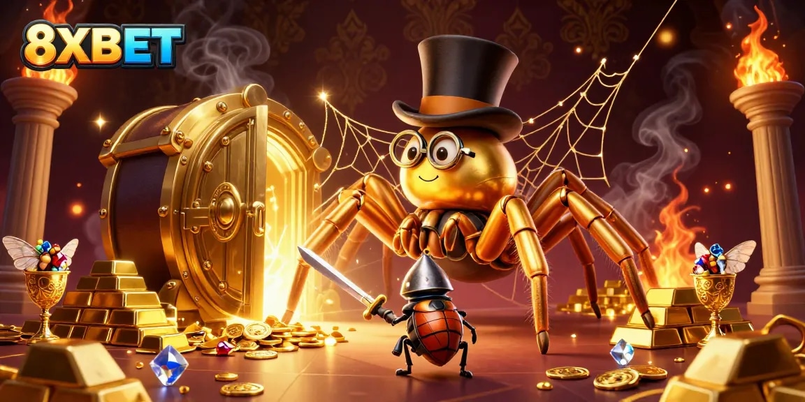 Engage with the thrilling world of 8XBET featuring a golden spider and knight in a dynamic casino scene.