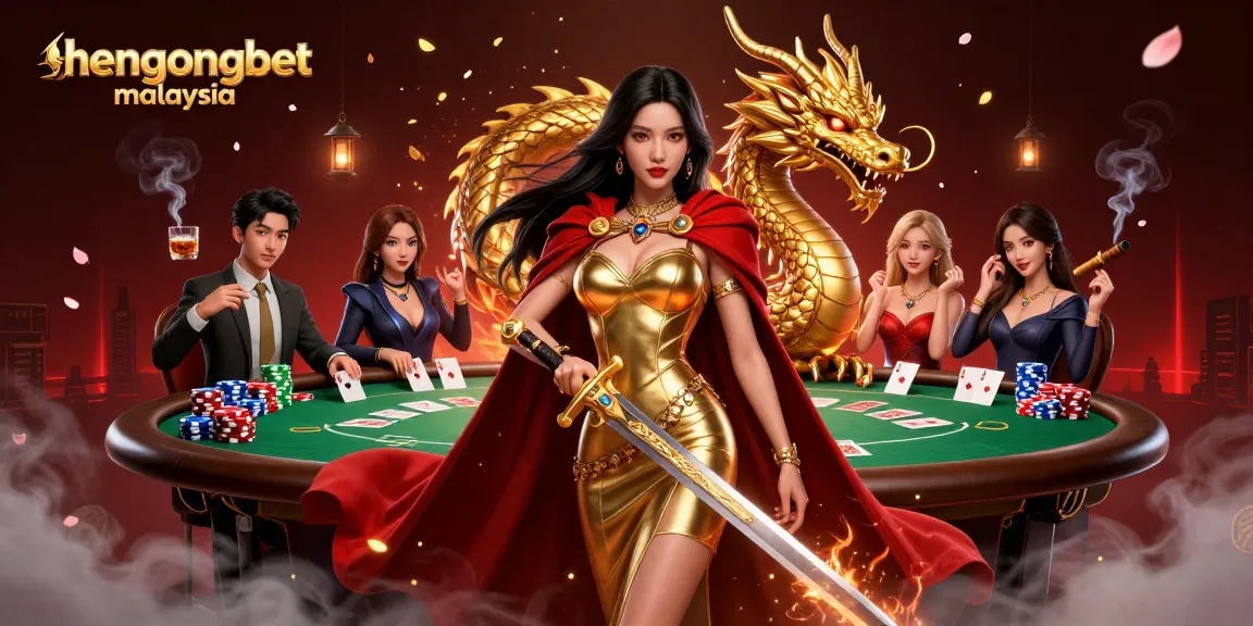 Experience thrilling gameplay at hengongbet malaysia with a stunning warrior queen surrounded by poker elements.