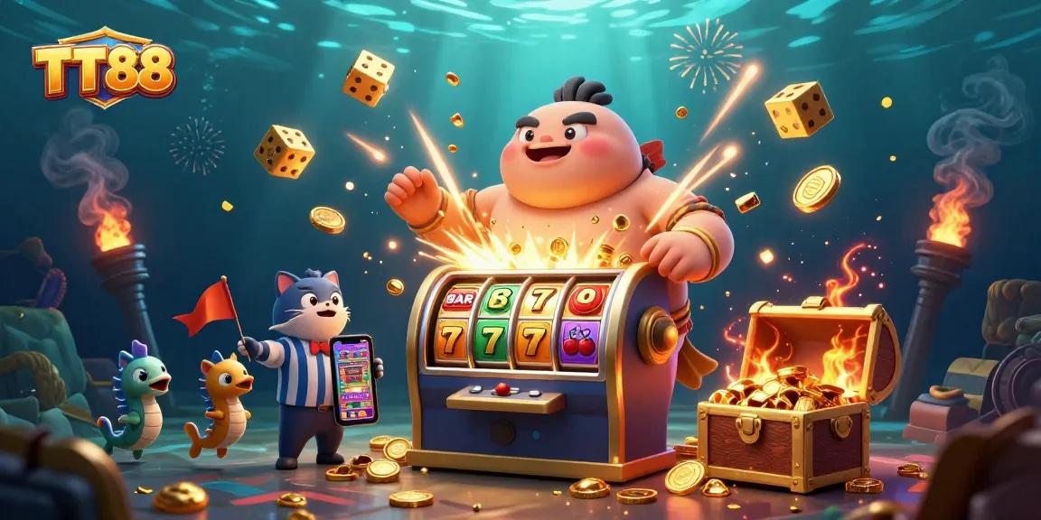 TT88's exciting jackpot explosion featuring vibrant 3D characters in an underwater casino scene.