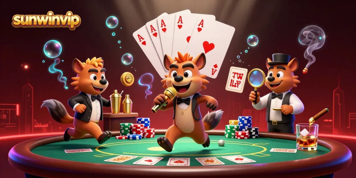 Experience the vibrant world of sunwinvip as hyenas engage in lively casino activities with various gaming elements.