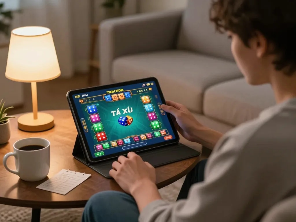 Engaging person playing tài xỉu online on a tablet, showcasing a cozy home gaming atmosphere.