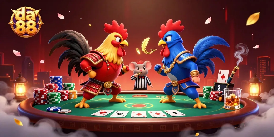 Experience da 88's thrilling action with roosters showdown at a vibrant poker table.