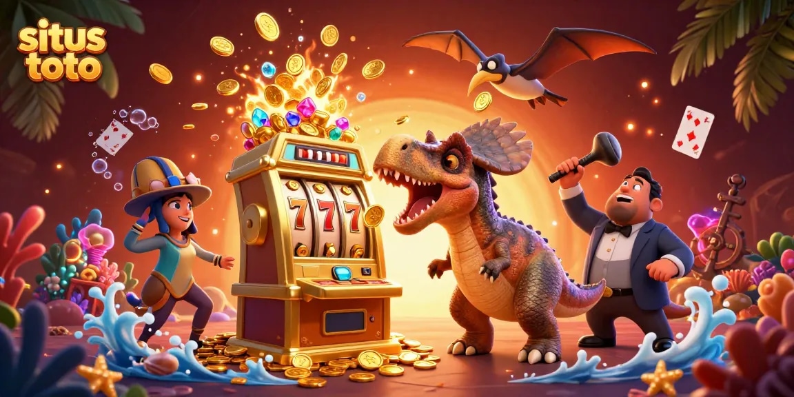 Slot gacor situs toto menarik dengan dinosaurus dan koin emas terbang di dekat mesin slot.
