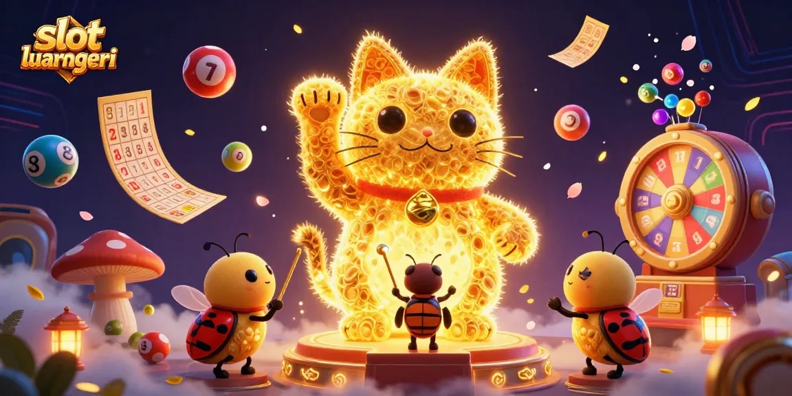 Experience the thrill of slot luar negeri with our vibrant 3D casino illustration featuring a lucky cat and dynamic elements.