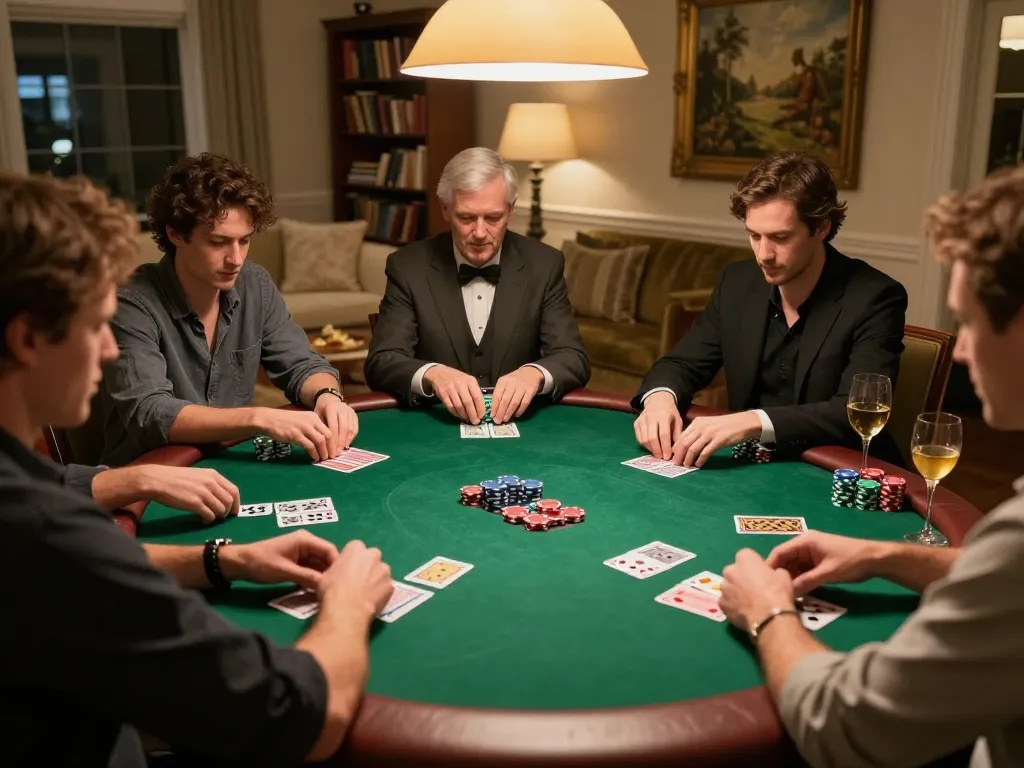 Engaging poker game at home portrayed by 8kbet, showcasing players' strategies and atmosphere of friendly competition.