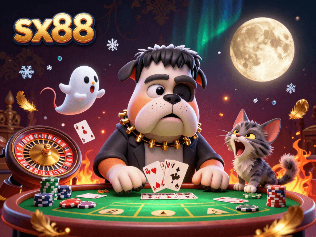 Experience the lively scene of sx88 with a quirky bulldog dealer, ghost mouse, and werewolf kitten at a casino table.