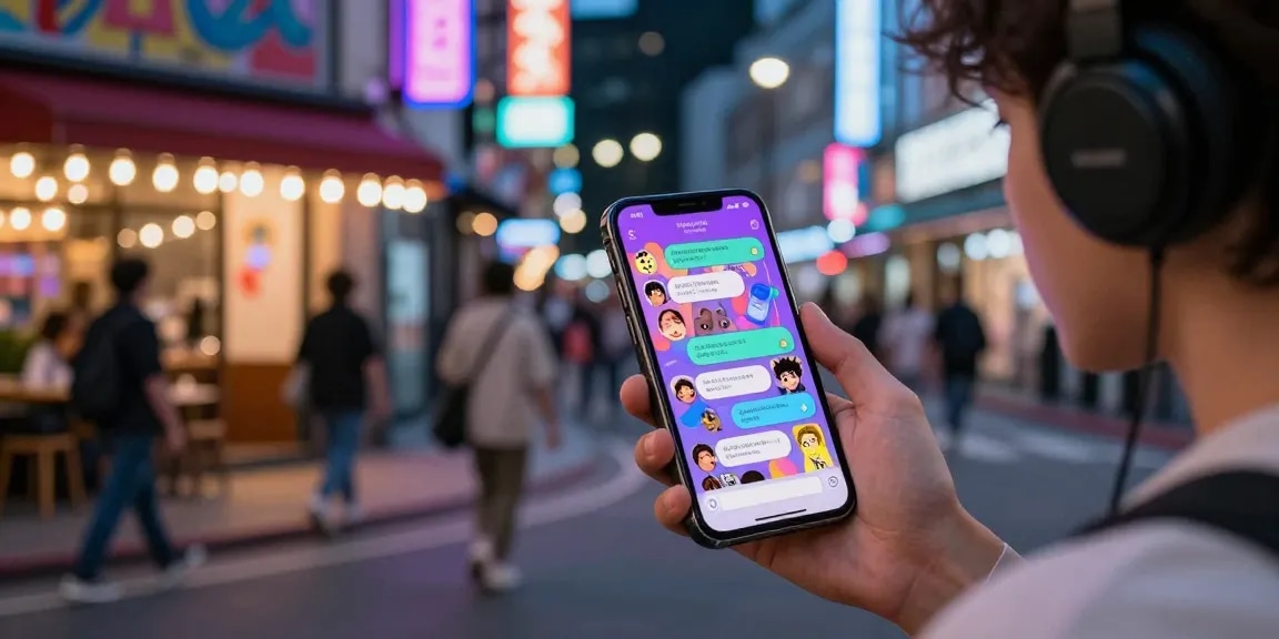 Engaging with AI ecchi chat on smartphone in vibrant urban setting.