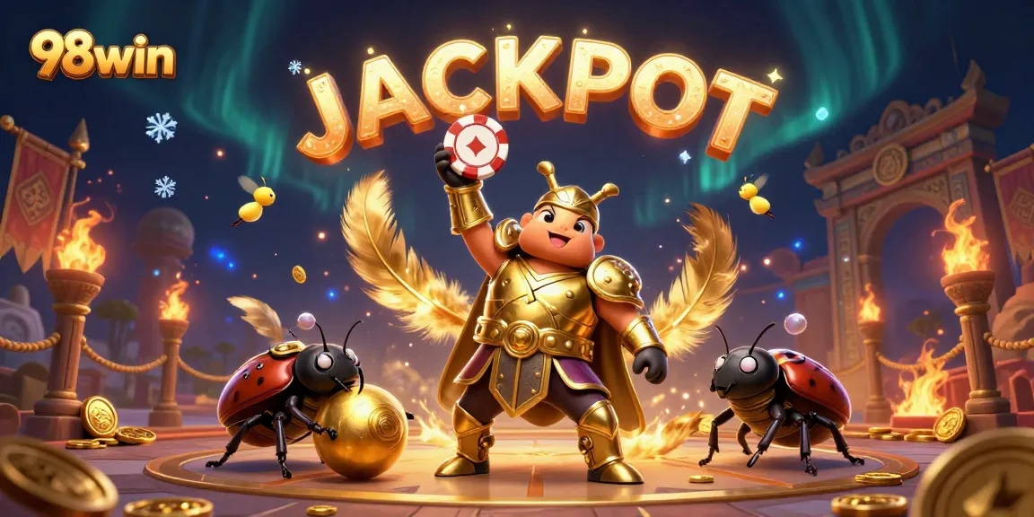 Win big at 98win with a victorious beetle illustration celebrating jackpot gaming.